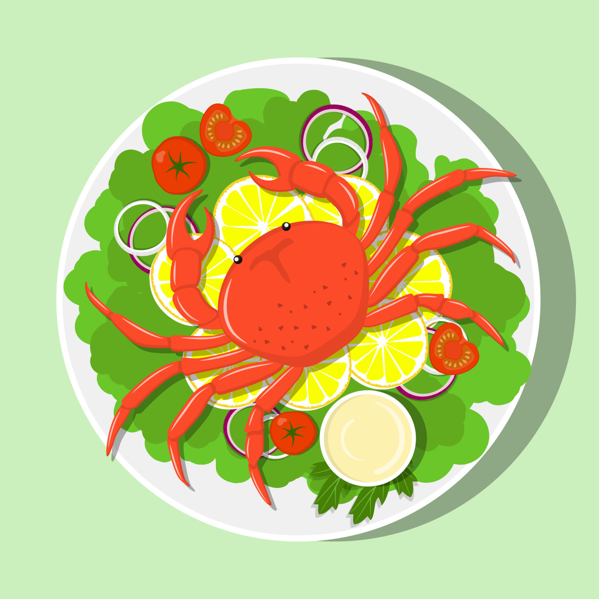 Big red crab on white plate with lemon slices, lettuce leaves, onion