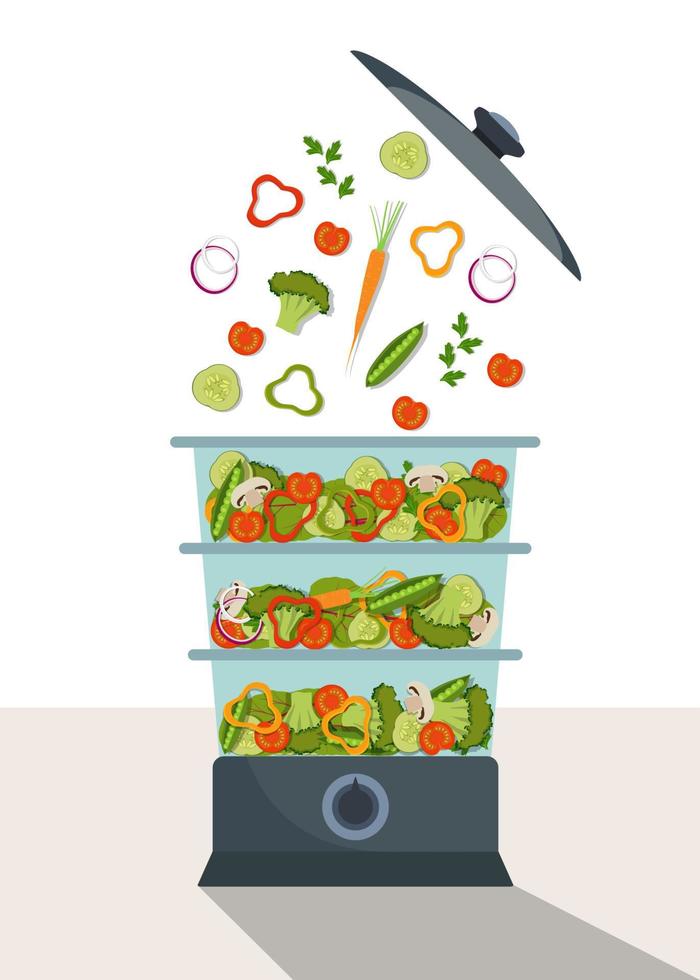 Stylish modern double boiler with colorful vegetables in it. Modern steamer for preparing food via steam. Vector illustration in flat style.