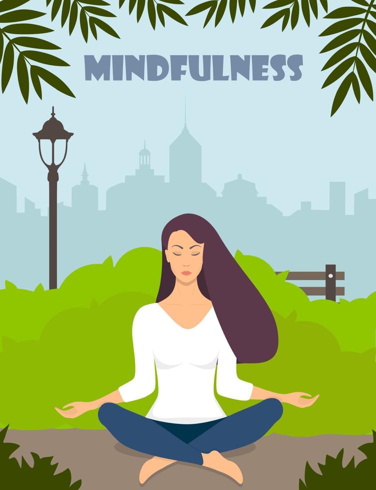 Young woman making meditation in lotus pose with closed eyes. Beautiful girl relaxes, practicing yoga in city park. Vector flat illustration.