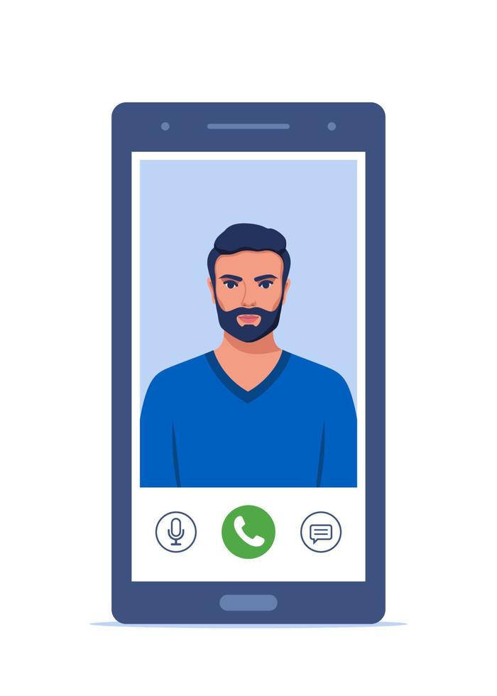 Video call on smartphone. Young man on smartphone screen with connection icons. Communication online using the phone. Talking through video call. Chatting online. Vector illustration.