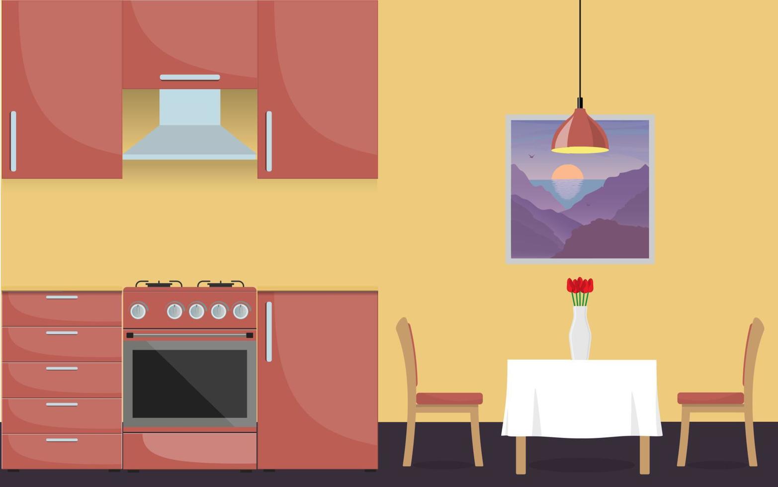 Modern stylish kitchen interior. Kitchen furniture, gas stove, dining table and vase with flowers. Vector illustration in flat style.