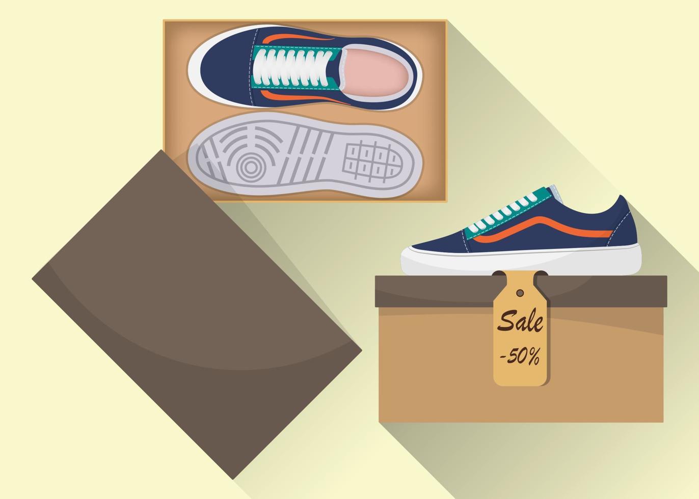 Stylish modern sneakers in box, side and top view. The price tag with a discount of 50 percent. Sports or casual shoes. Illustration for a shoe store. Vector flat illustration.