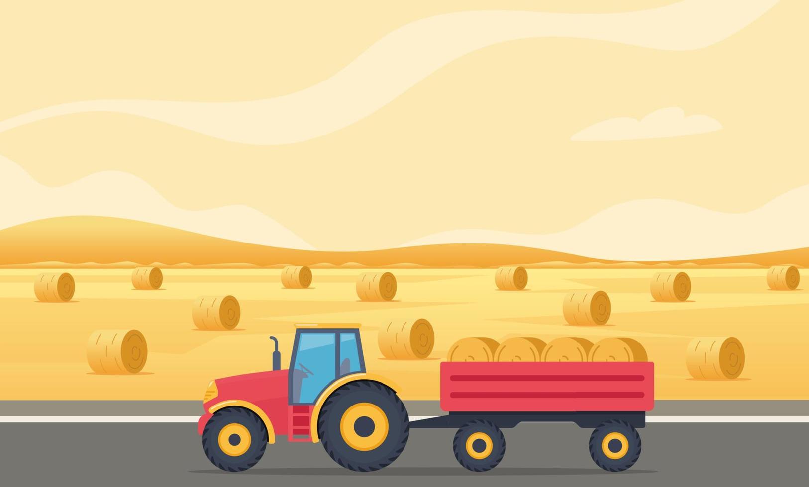 Farm scene with field and haystacks at sunset. Tractor with hay bales in cart. Rural landscape. Agriculture and farming concept. Farm Machine. Vector Illustration.