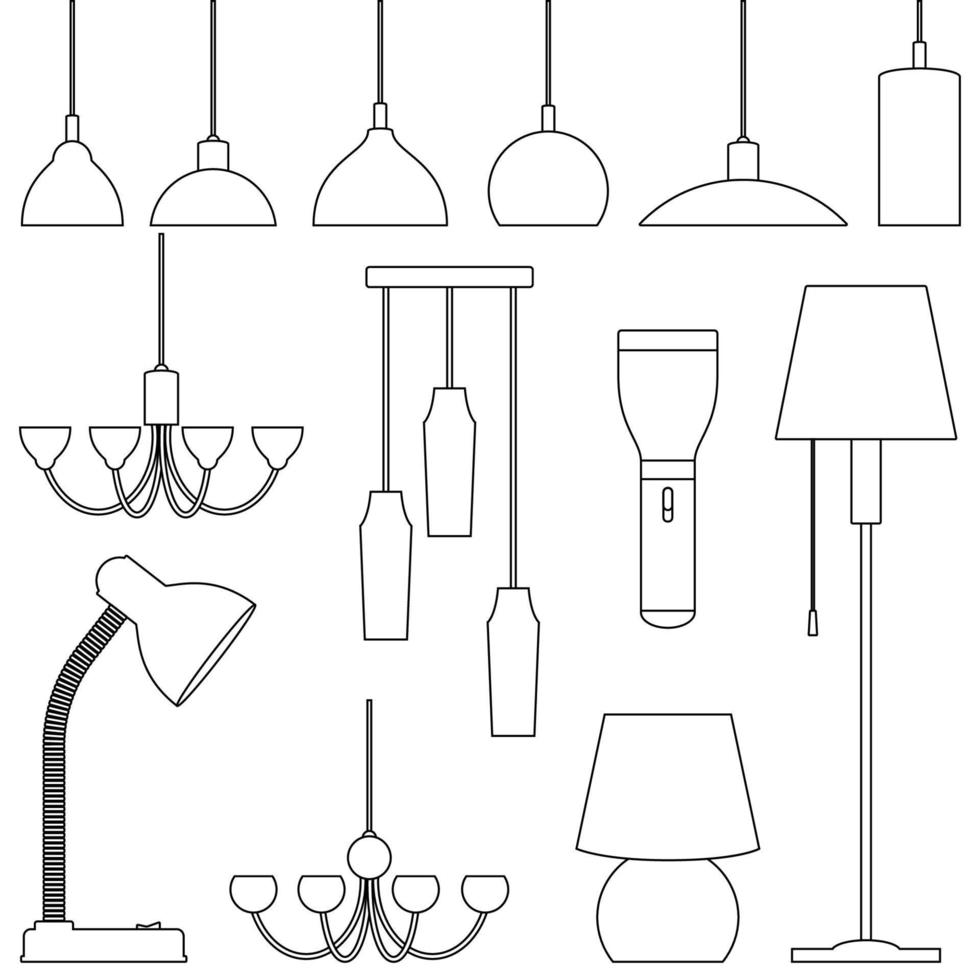 lámparas de diferentes tipos, conjunto. candelabros, lámparas, bombillas, lámpara de mesa, linterna, lámpara de pie - elementos de interior moderno. ilustración de arte lineal. vector
