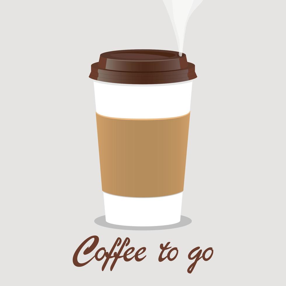 Coffee takeaway cup, realistic. Coffee to go lettering. Close up take-out coffee with brown cap and cup holder. Vector illustration for coffee shop, voucher, flyer template.