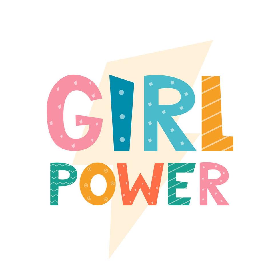 Girl power, lettering with lightning symbol. Logo, icon, label for your design. Woman motivational slogan. Hand drawn vector lettering for bag, sticker, t-shirt, poster, card, banner.