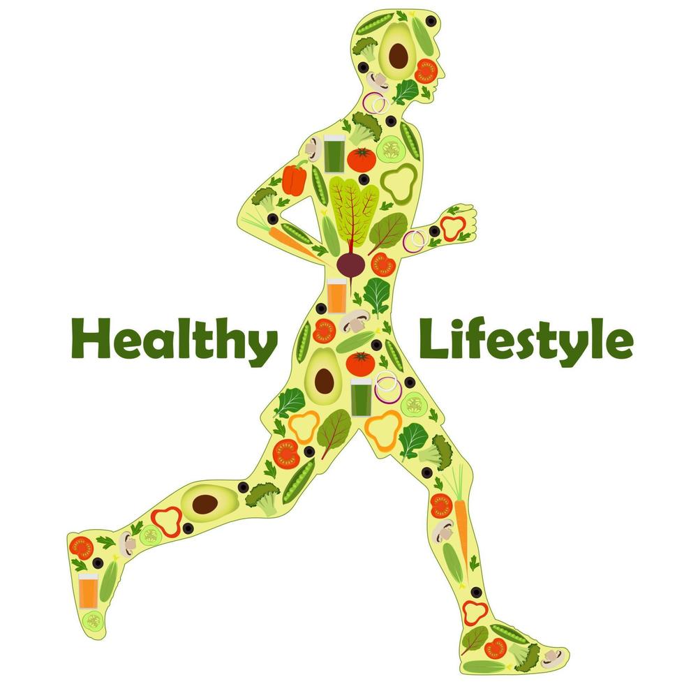 Silhouette of a running man, filled with icons of vegetables. Healthy lifestyle illustration icon set for infographics. vector