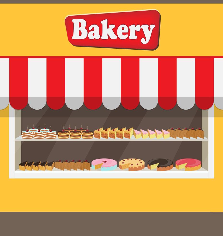 Bakery shop building facade with signboard. Different cakes and pies on shelves behind the window glass. Bakery facade vector illustration in flat style.