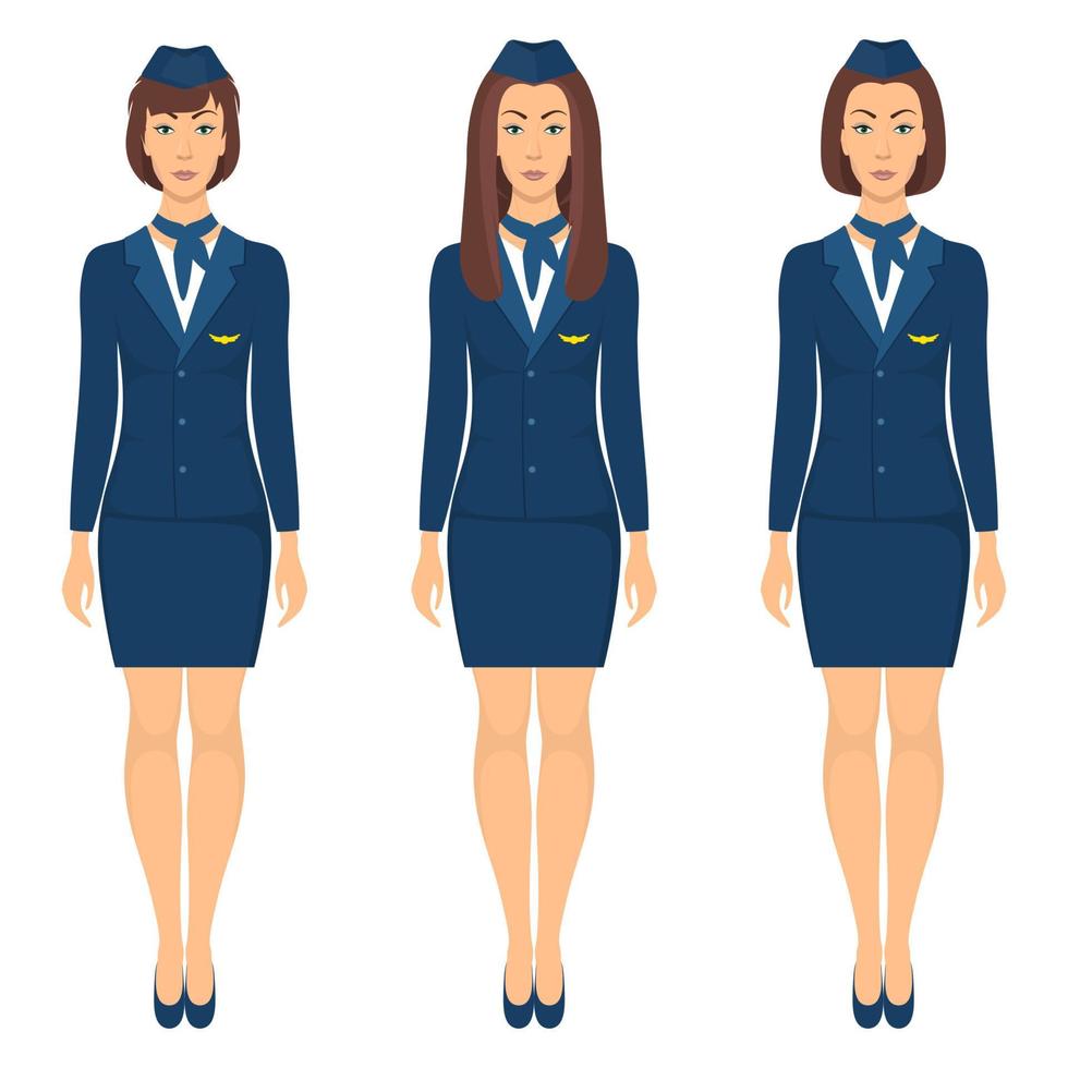 Stewardesses in blue uniform, set. Stewardess standing in full growth. Vector illustration, isolated, flat style.