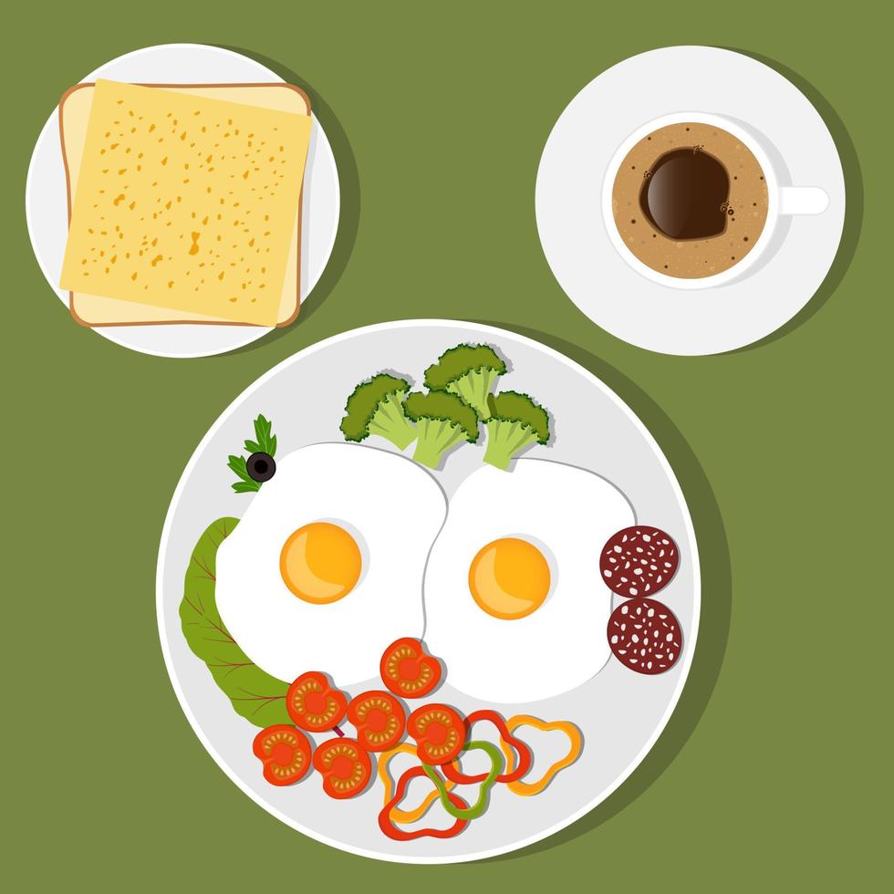 Traditional Breakfast. Scrambled eggs with vegetables and sausage, toast with cheese and coffee. Vector illustration in flat style.