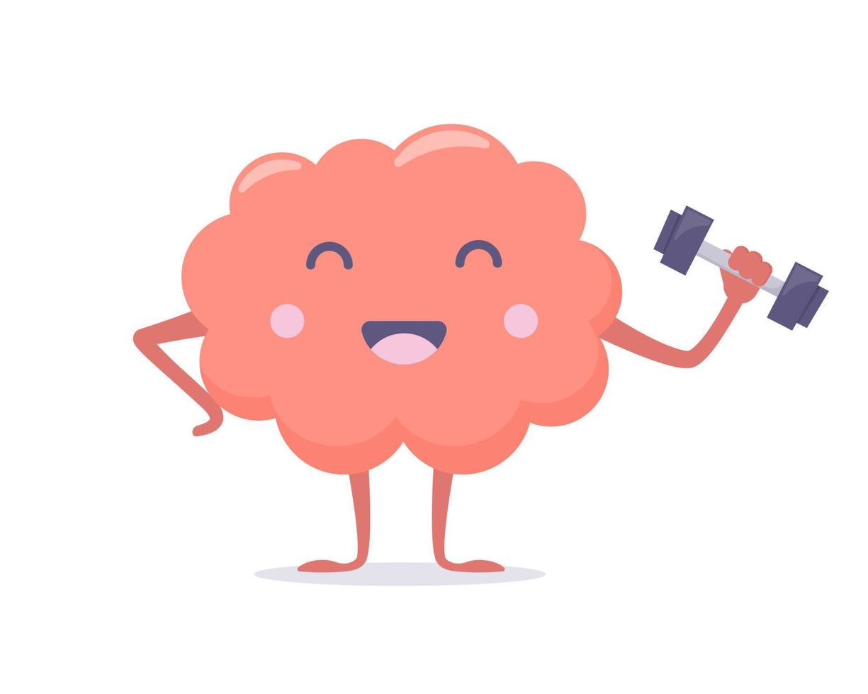 Cute pink brain character with dumbbell. Mental health concept. Brain training exercise. Vector illustration in flat style.