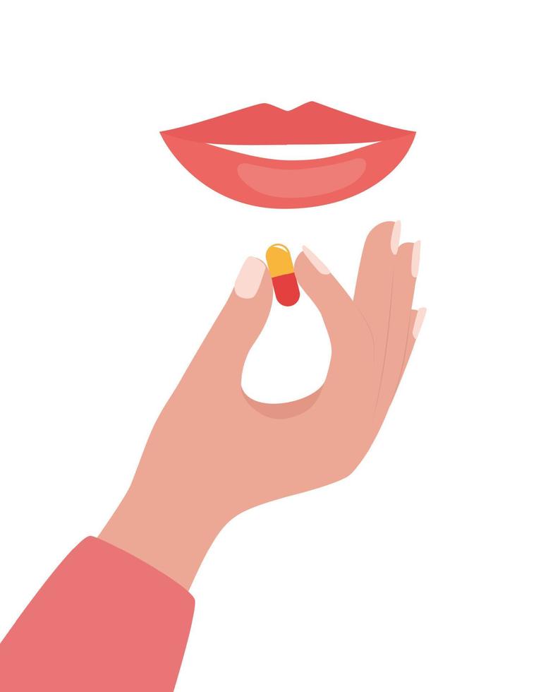 boca y mano de mujer con una pastilla. mujer tomando una pastilla. la chica tiene una pastilla en la mano y tiene la intención de tomarla. tratamiento de medicamentos, farmacia y medicina, ilustración vectorial conceptual. vector