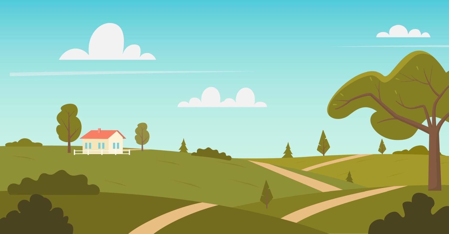 Rural landscape with sunny summer day in the village. Beautiful summer fields landscape with green hills, bright color blue sky and house. Country background. Flat vector illustration.