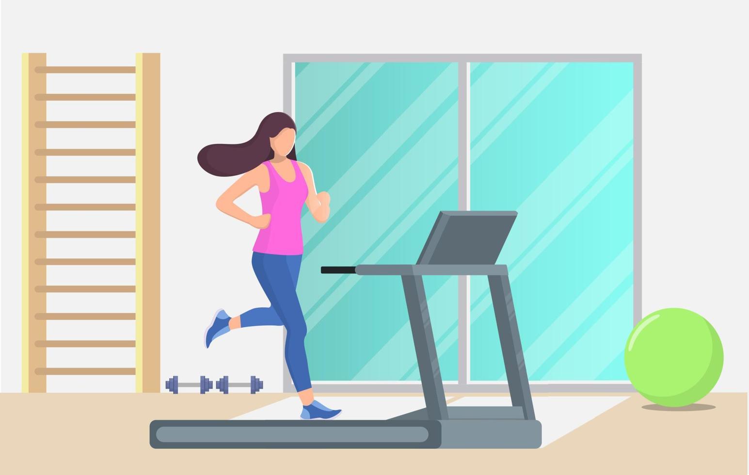 Young beautiful woman running on a treadmill in a gym. Girl running. Vector illustration in flat style.