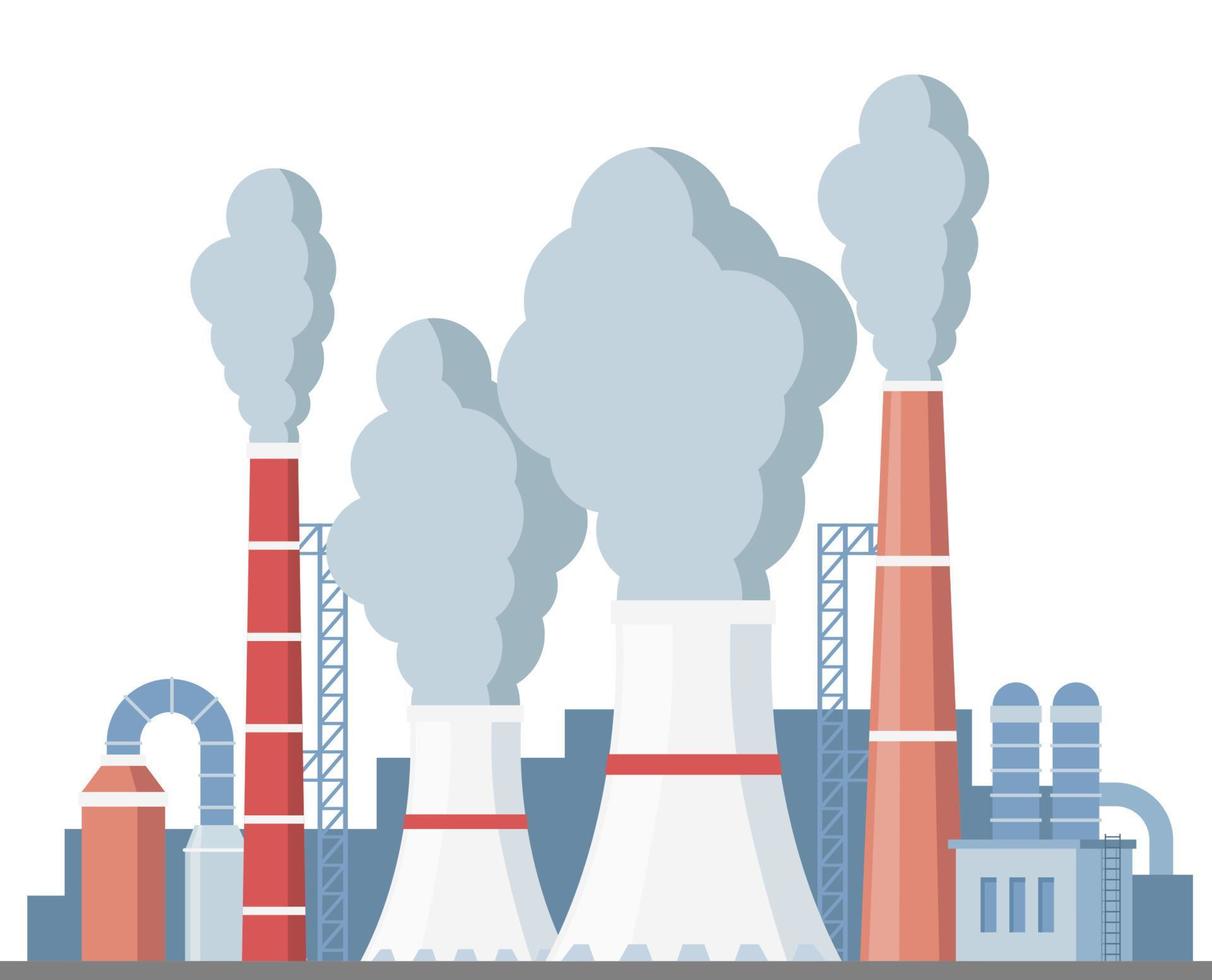 Highly polluting factory plant with smoking towers and pipes. Carbon dioxide emissions. Environment contamination. Flat style vector illustration.