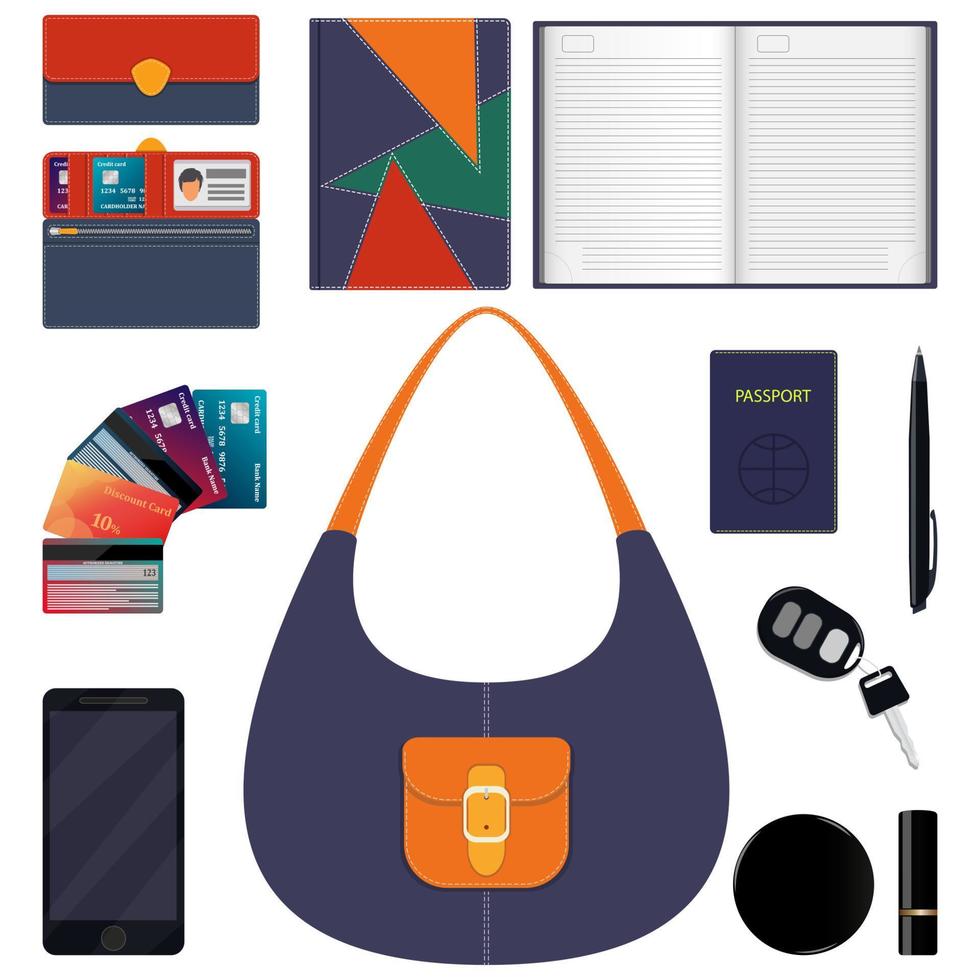 Woman s handbag and contents. Diary, wallet, bank cards, pen, smartphone, passport, car keys, lipstick, powder. Vector illustration.