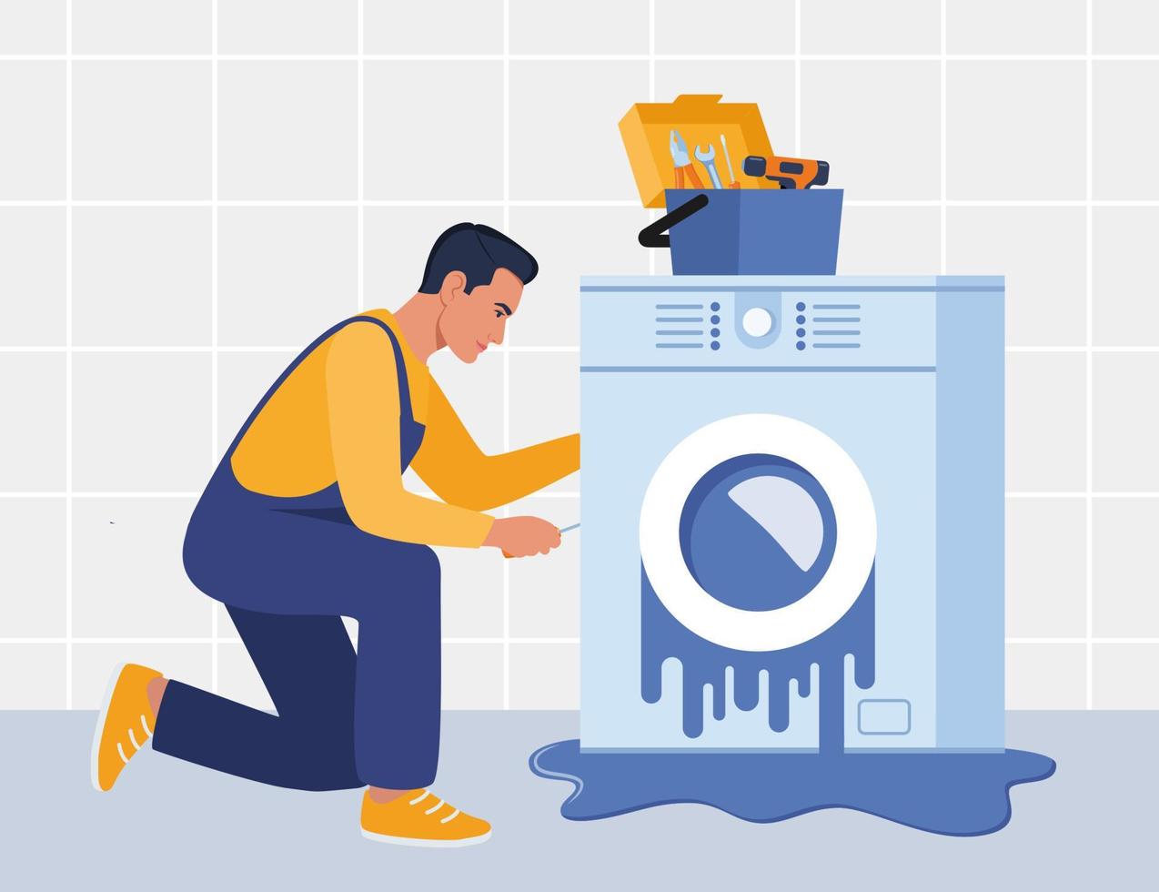 Master with set of professional tools repairs a washing machine. Washing machines repair service. Man character in uniform and washing machine with a breakdown. Vector illustration.