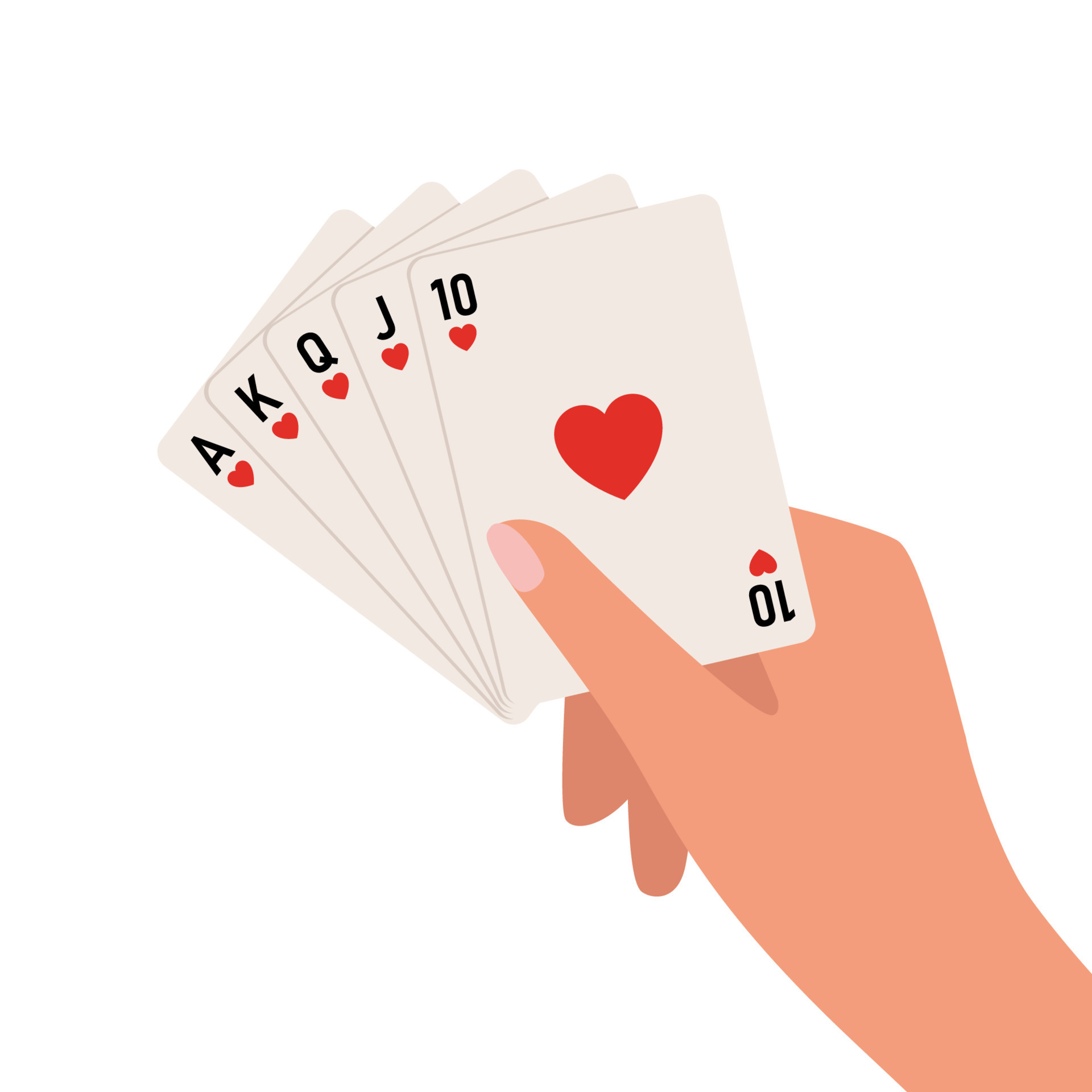 Hand holding playing cards. A royal straight flush in hearts. Vector