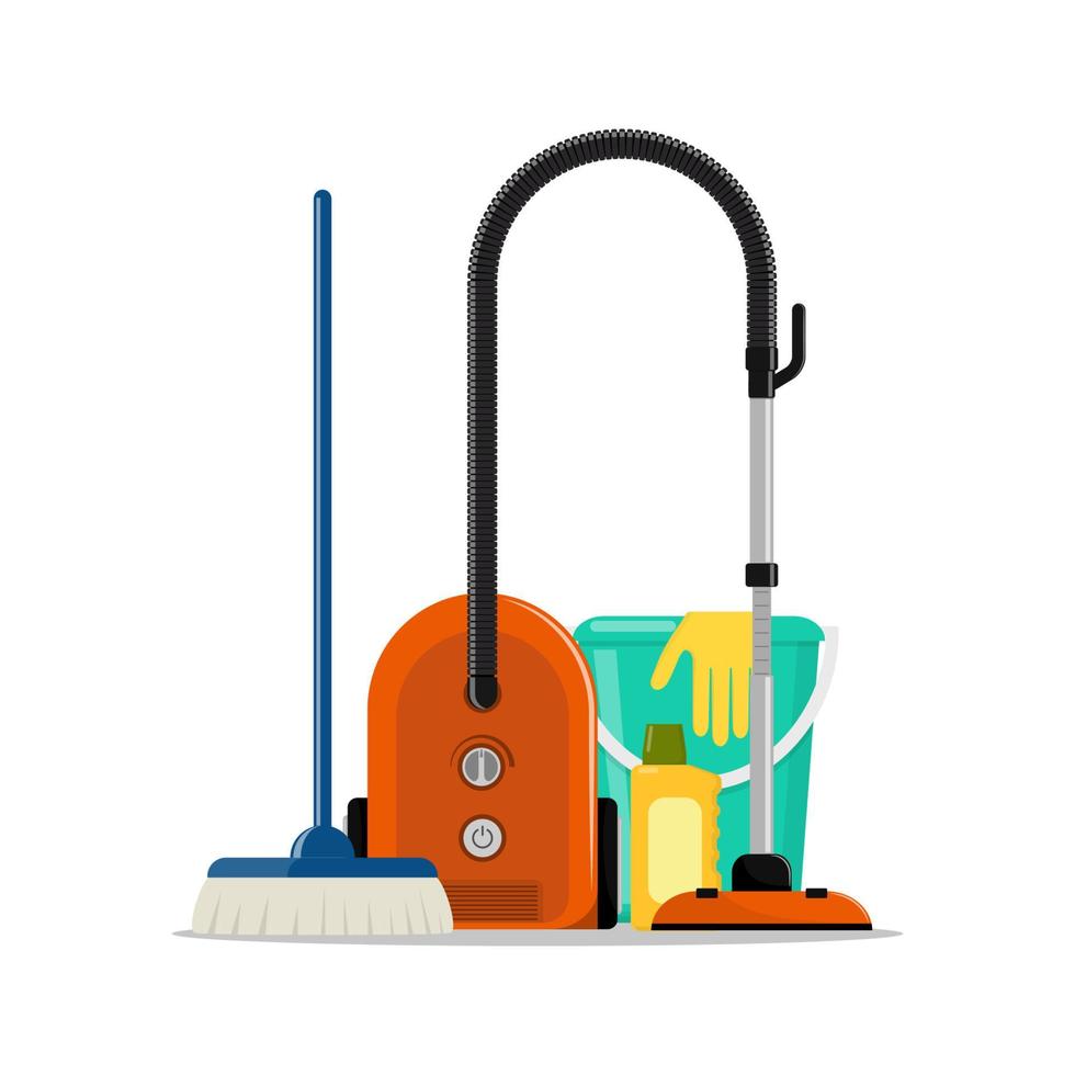 Spring cleaning concept. Bucket, brush, rubber gloves, hoover. Vector illustration, flat style.