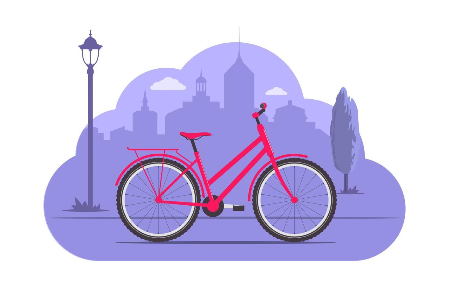 Cute bicycle on city silhouette background. Pink bicycle on purple monochrome background. Bike concept illustration for app or website. Modern transport. Flat style vector illustration.