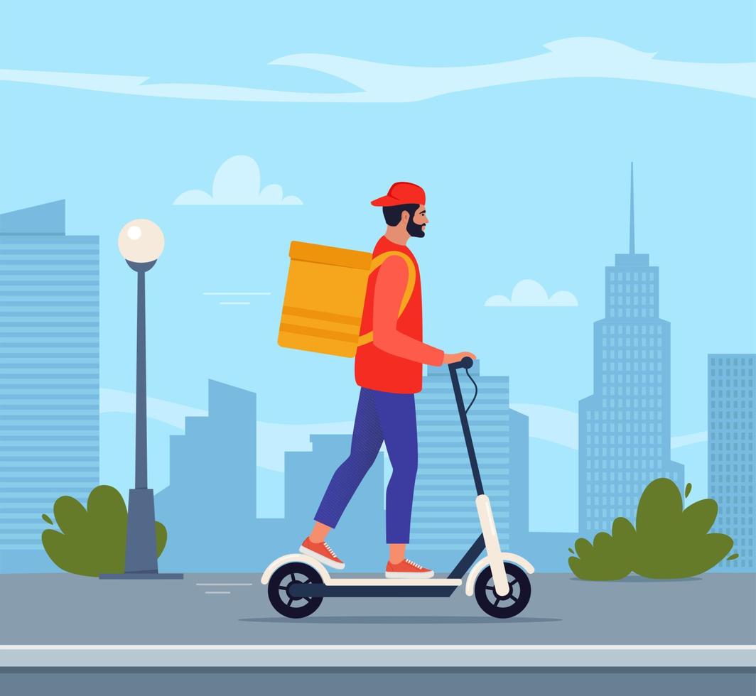 entrega joven mensajero montando scooter eléctrico con caja de producto de paquete amarillo. concepto de servicio de envío rápido en la calle de la ciudad. ilustración vectorial en estilo plano. vector