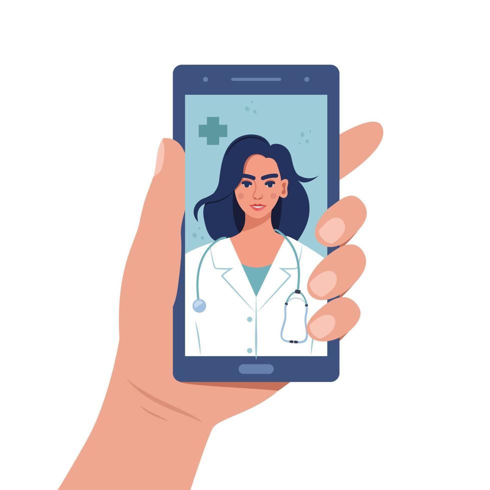 Smartphone screen with female therapist. Chat in messenger with doctor. Online consultation. Online medical advise or consultation service, telemedicine, cardiology. Vector illustration.