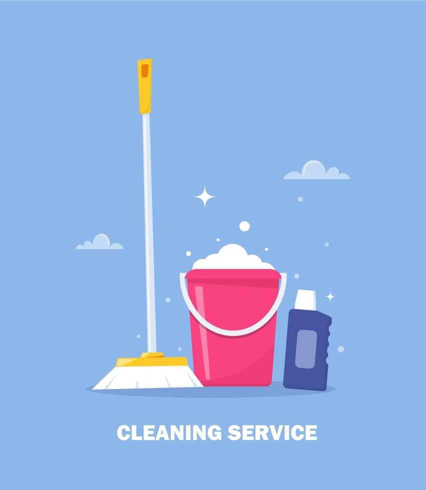 Cleaning service and household supplies. Design concept for web banner, infographic, poster. Detergent and disinfectant products with bucket, mop, detergent. Vector illustration.