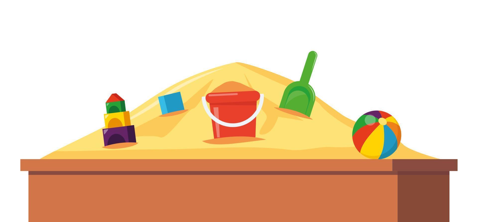 Sandbox with pile of sand and children toys in flat style. Sandpit with kids shovel, bucket and car on pile of yellow powder. Vector illustration.