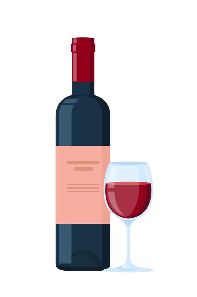 Bottle and glass with Red wine. Flat Vector Illustration.