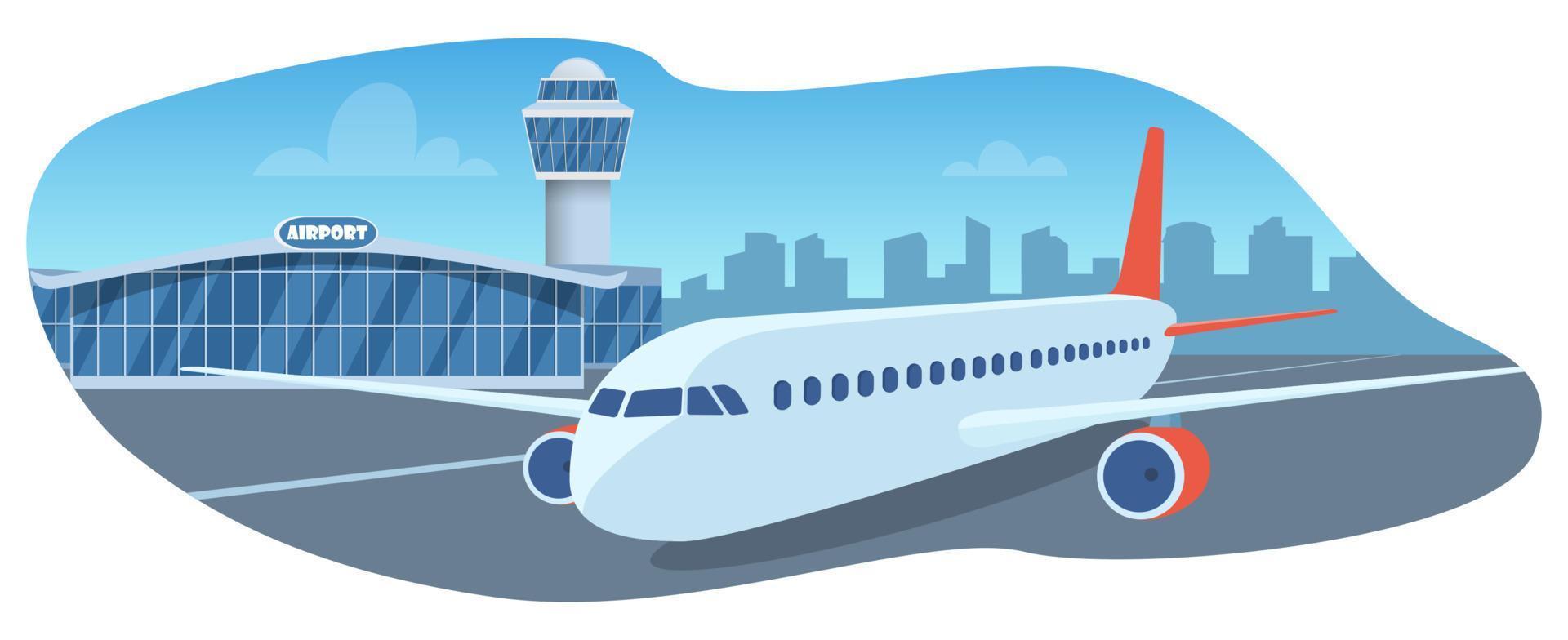 Airport terminal building, control tower and big aircraft on runway. City building silhouettes on background. Time to travel. Travel concept, vector illustration, flat.