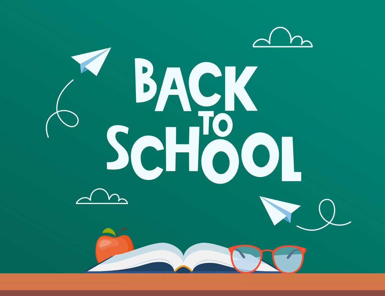 Back to school poster, banner. Lettering Back to school inscription with clouds and paper airplanes flying around, drawn with chalk on a green board. Vector. vector