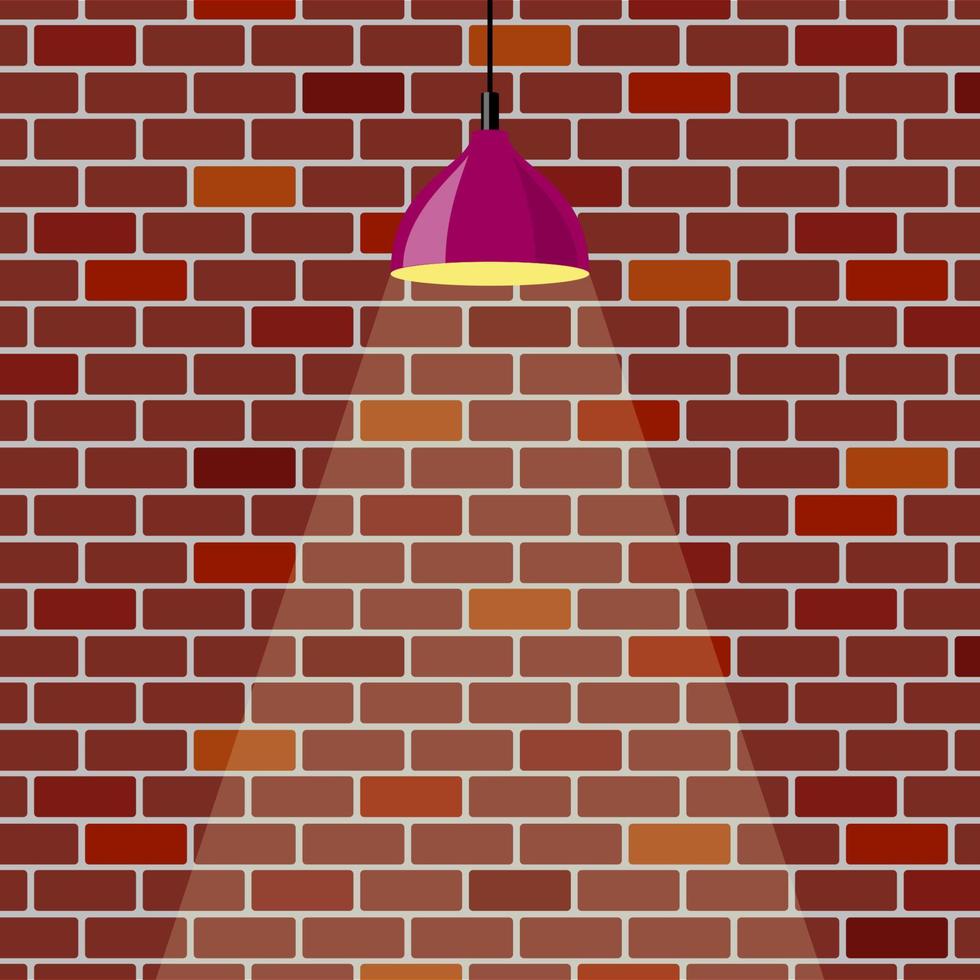 Colorful brick wall, illuminated by hanging lamp. Brick wall background. Violet ceiling lamp. Vector illustration in flat style.