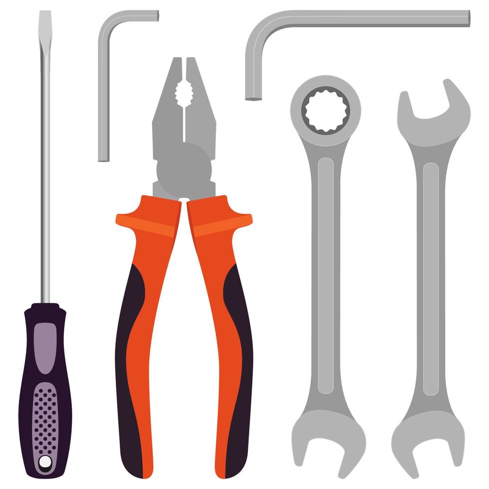 Set of tools for carpentry service, repair service, isolated on white background. Pliers, screwdriver, wrenches. Vector illustration.