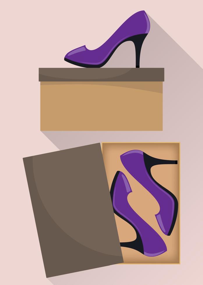 zapatos de tacón alto de mujer moderna y elegante en caja, vista lateral. ilustración para una zapatería. ilustración plana vectorial. vector