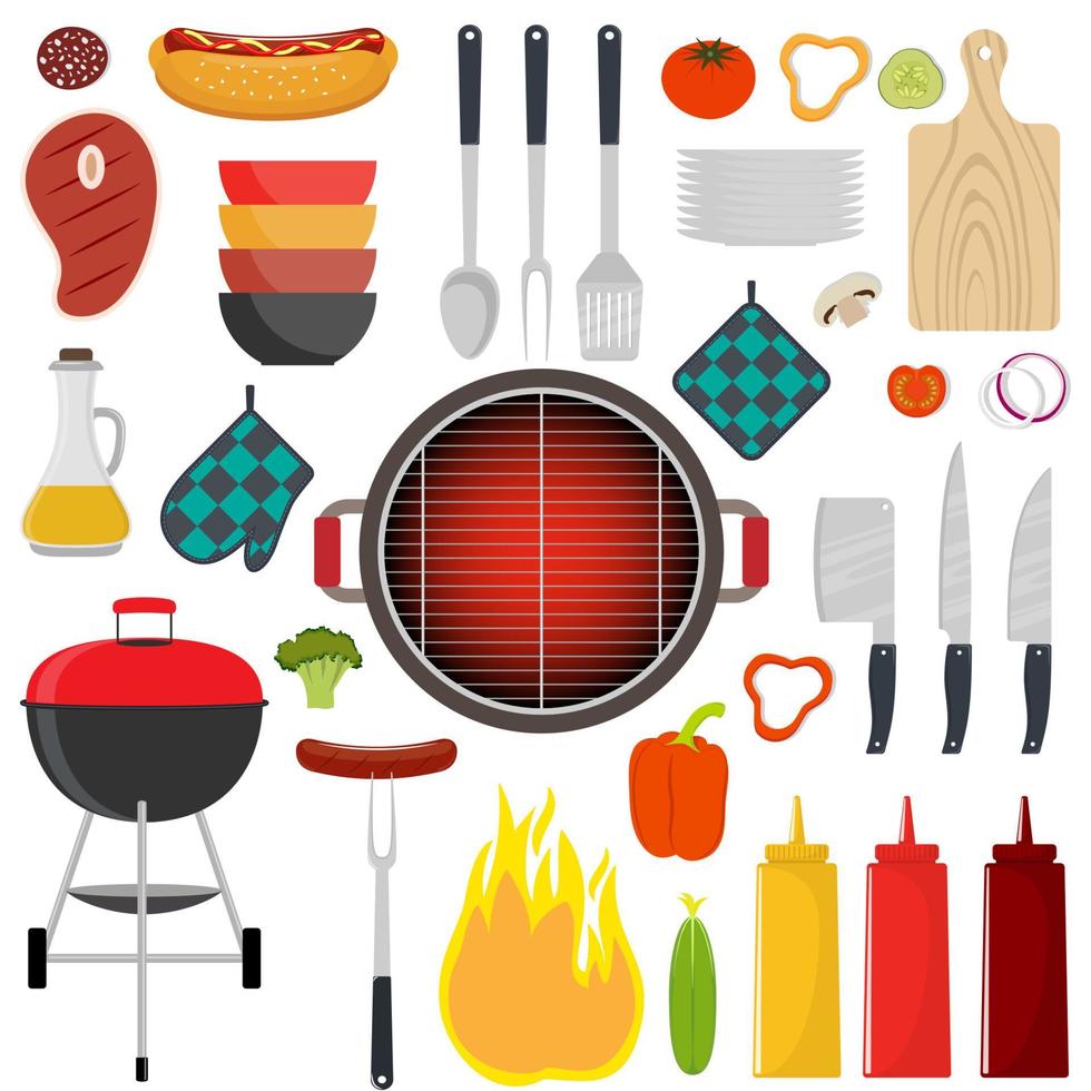 Barbecue party tools and food. Grilled meat, steak, sausage, vegetables. Vector illustration in flat style.