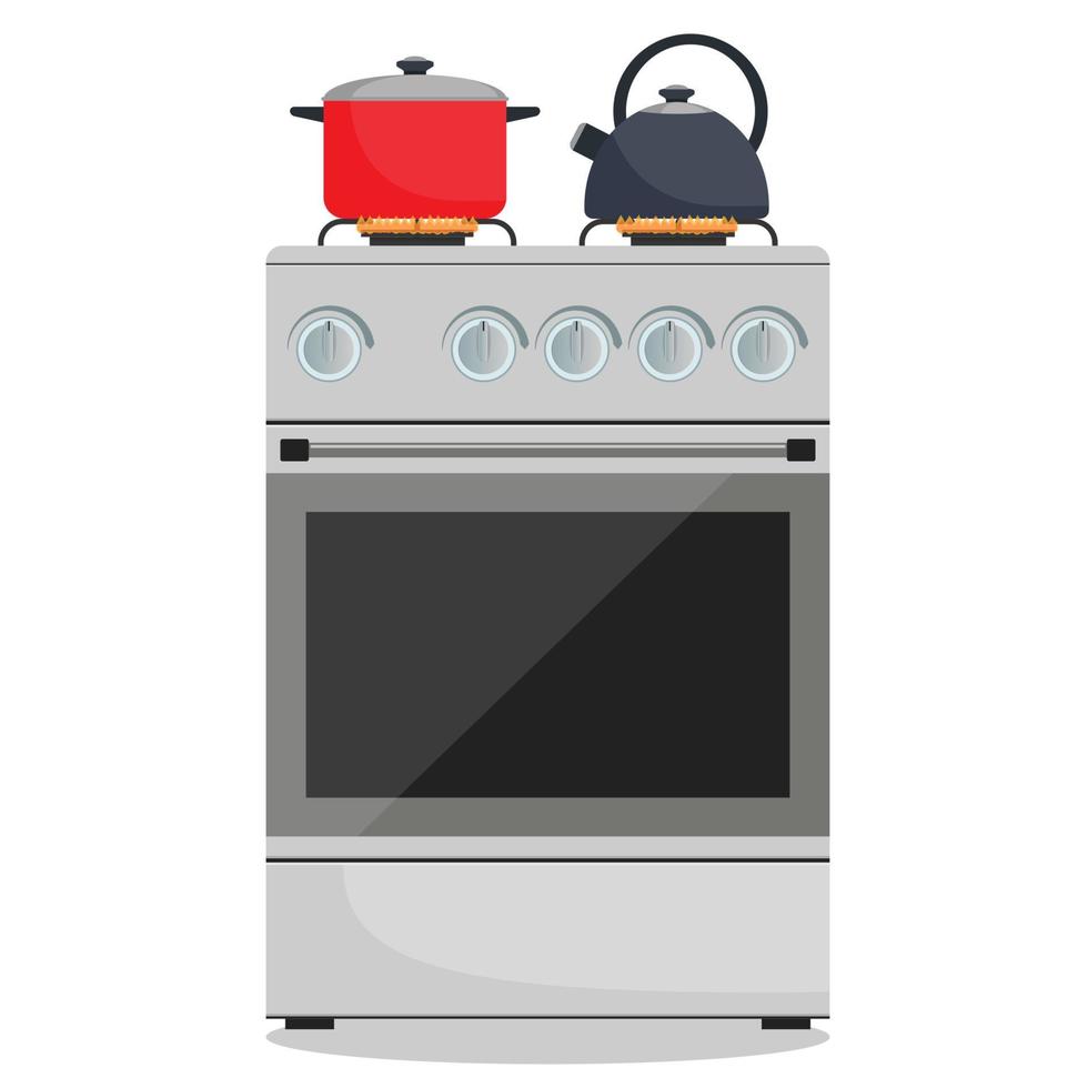 estufa de gas moderna, olla y hervidor de agua en llamas. estufa de cocina casera. preparar comida, cocinar. ilustración vectorial en estilo plano. vector