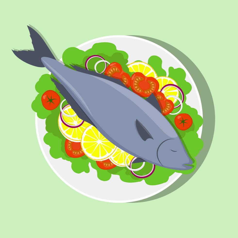 Fish on white plate with lemon, herbs, tomato, onion. Cooking of salmon. Vector flat illustration.