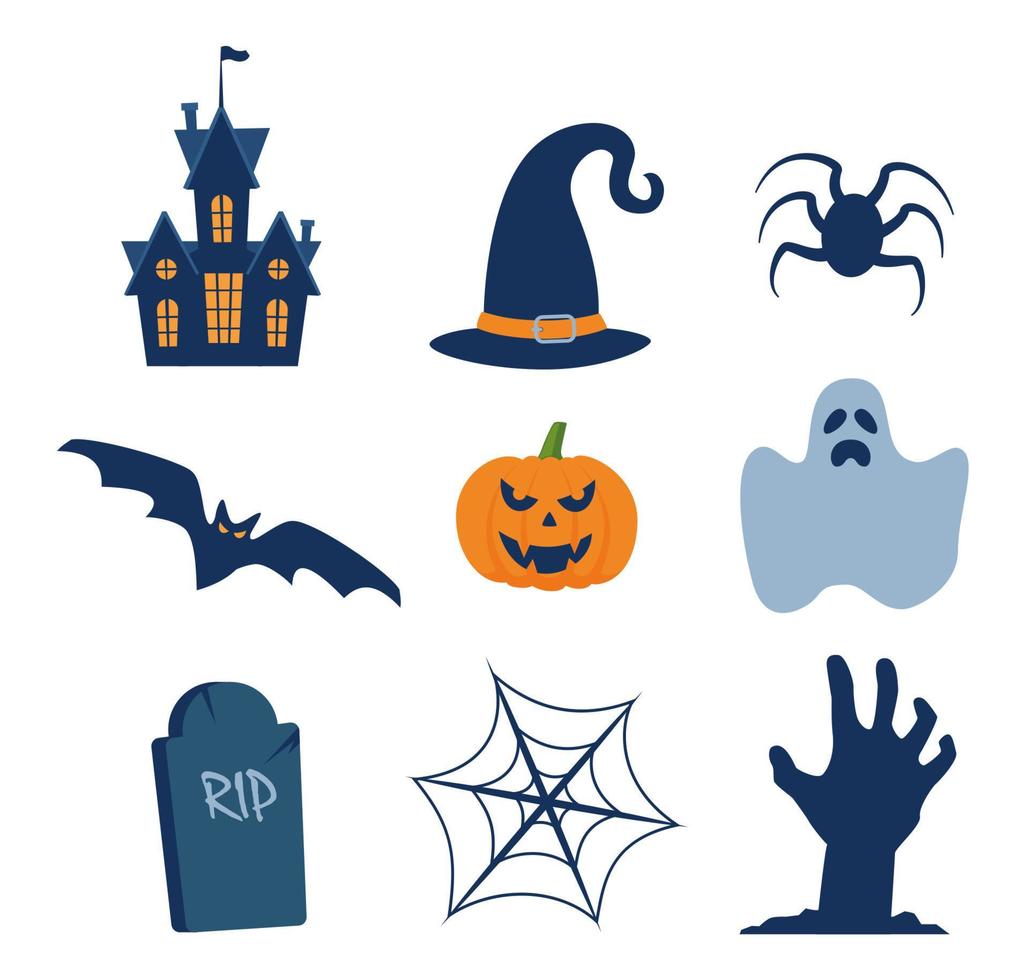 Halloween design elements. Halloween cliparts with traditional symbols, perfect for party invitation, greeting card, flyer, banner, poster. Vector illustration.