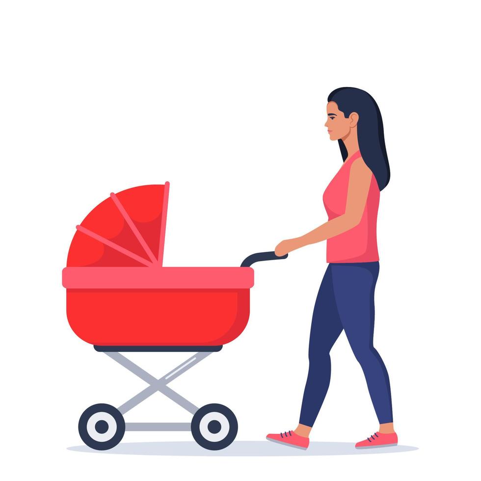 cochecito de mamá con ruedas. mujer caminando con carro de bebé. actividad al aire libre. ilustración plana vectorial. vector