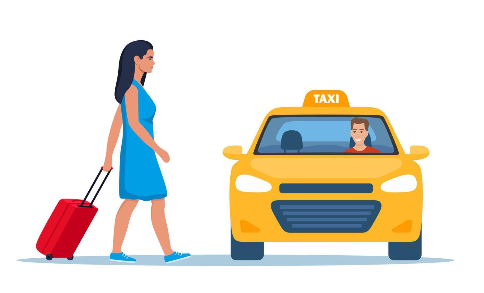 mujer con maleta toma taxi. taxi amarillo, vista frontal. taxi con conductor hombre sonriente. ilustración vectorial plana. vector