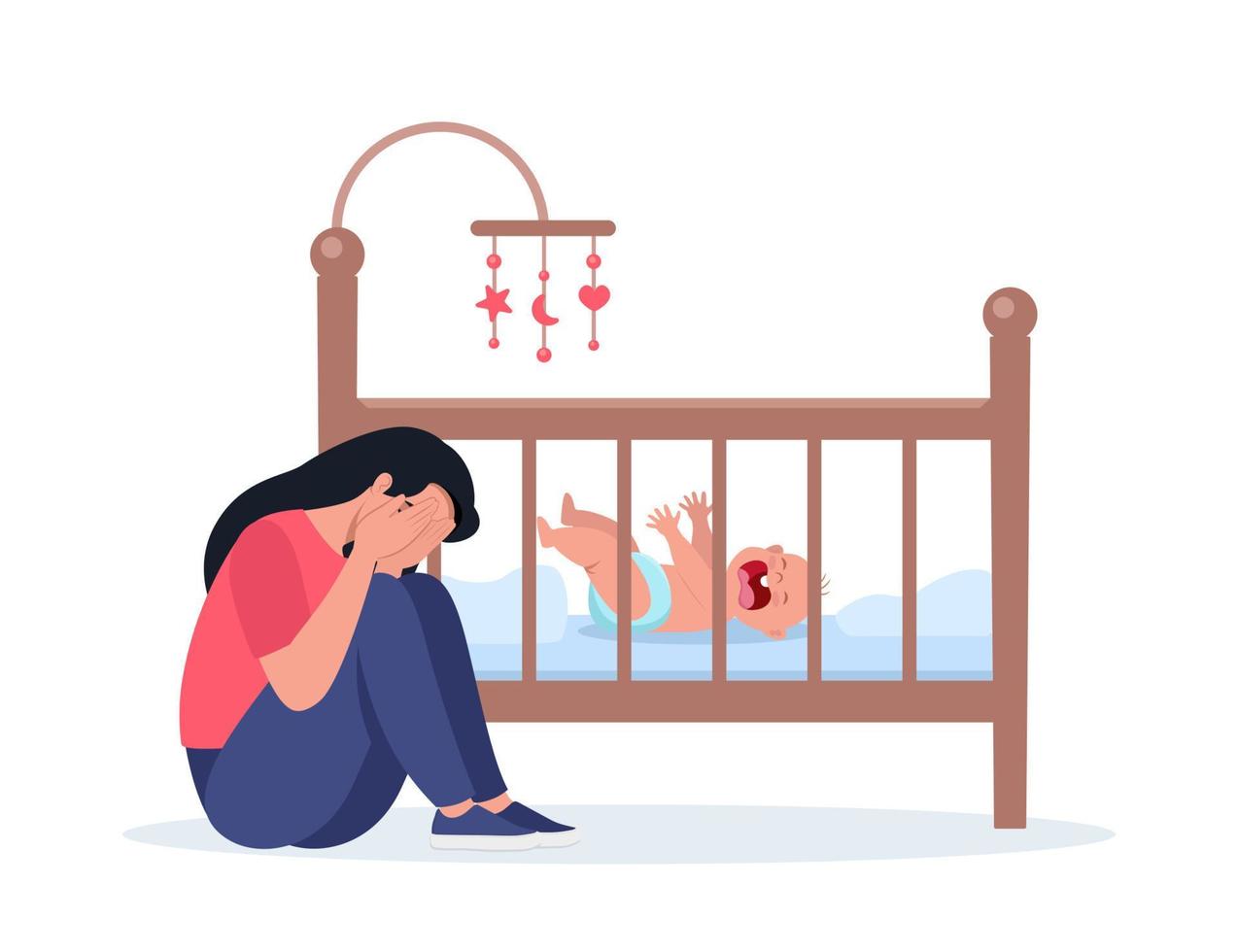 Woman in postpartum depression, exhausted and stressed. Unhappy mom next to the newborn's crib. A small child is crying hysterically and pulling up the handles. Vector illustration.