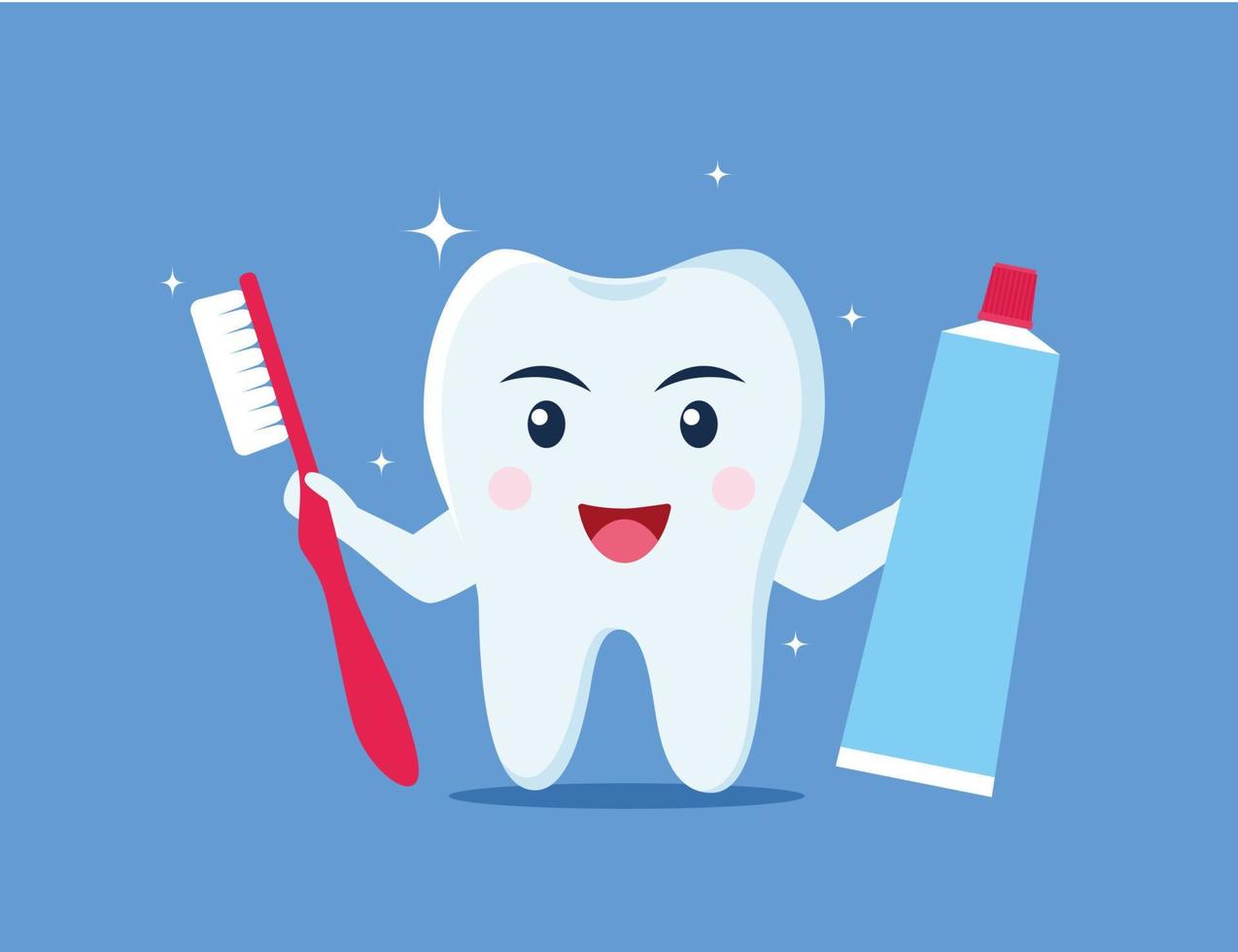 Happy tooth character with toothpaste and brush. Dental personage, Illustration for children dentistry. Oral hygiene, teeth cleaning. Vector illustration.