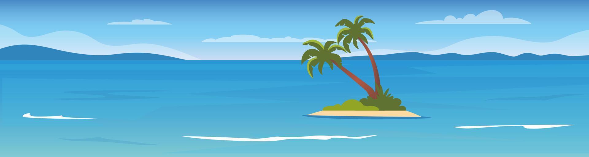 Tropical island in the ocean with palms. Sea surface, mountains on the horizon, waves. Summer vacation holiday. Flat Vector Illustration.