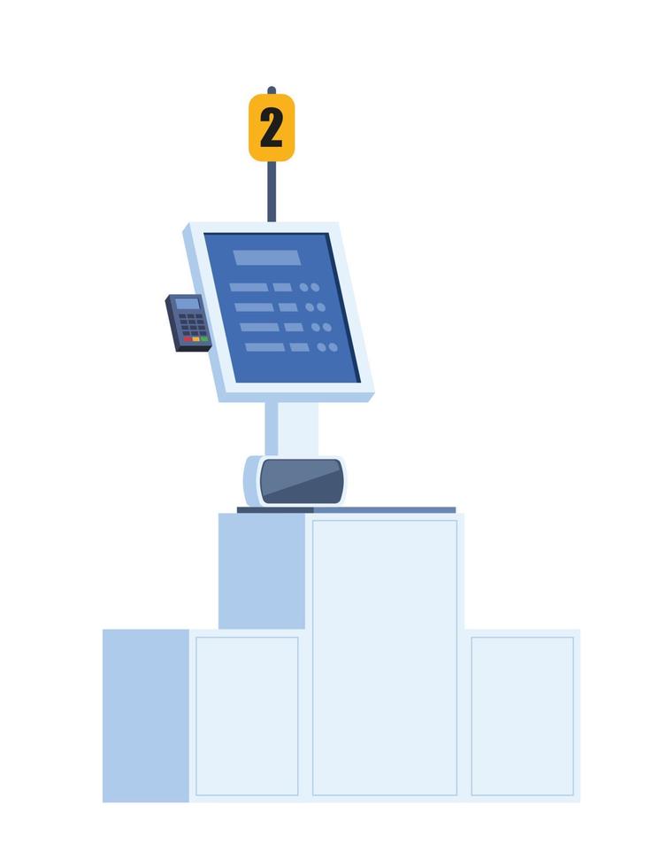 Self-service cashier or terminal. Point with self-service checkout in the supermarket. Contactless Payment, Contemporary Technologies. Vector Illustration.