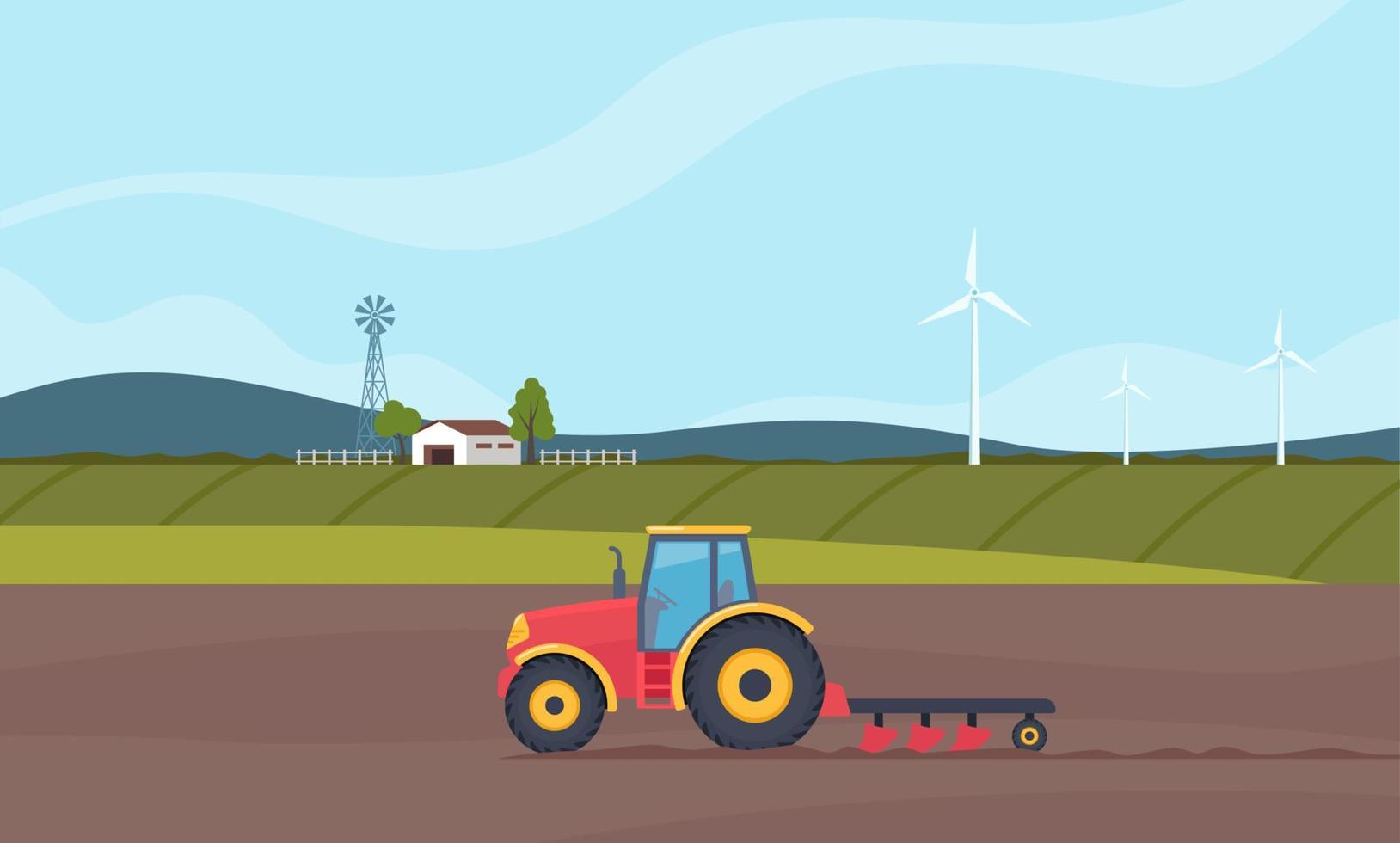 Tractor plowing the field. Rural farm landscape with green fields on background. Agriculture concept. Farm Machine. Side view of modern tractor with plow. Vector illustration.