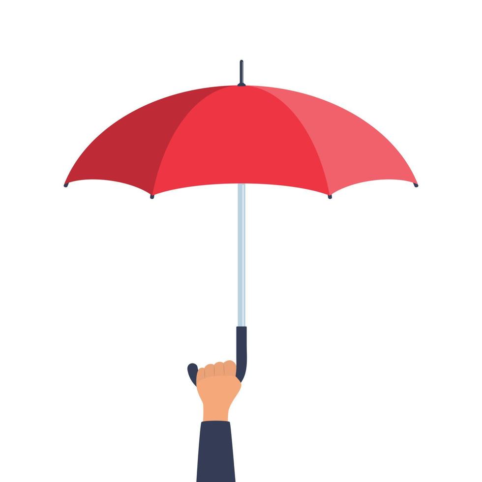 Human hand holding open red umbrella. Flat style vector illustration.