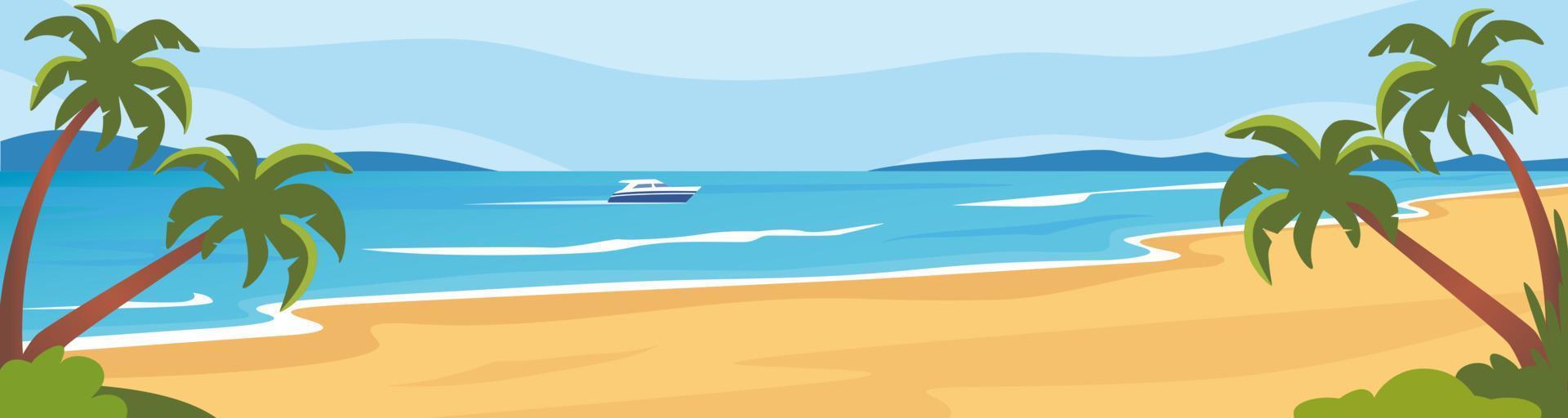 Beach lanscape with sea and palms, summer background. The seashore, mountains on the horizon, a boat sailing on the sea. Vector illustration.