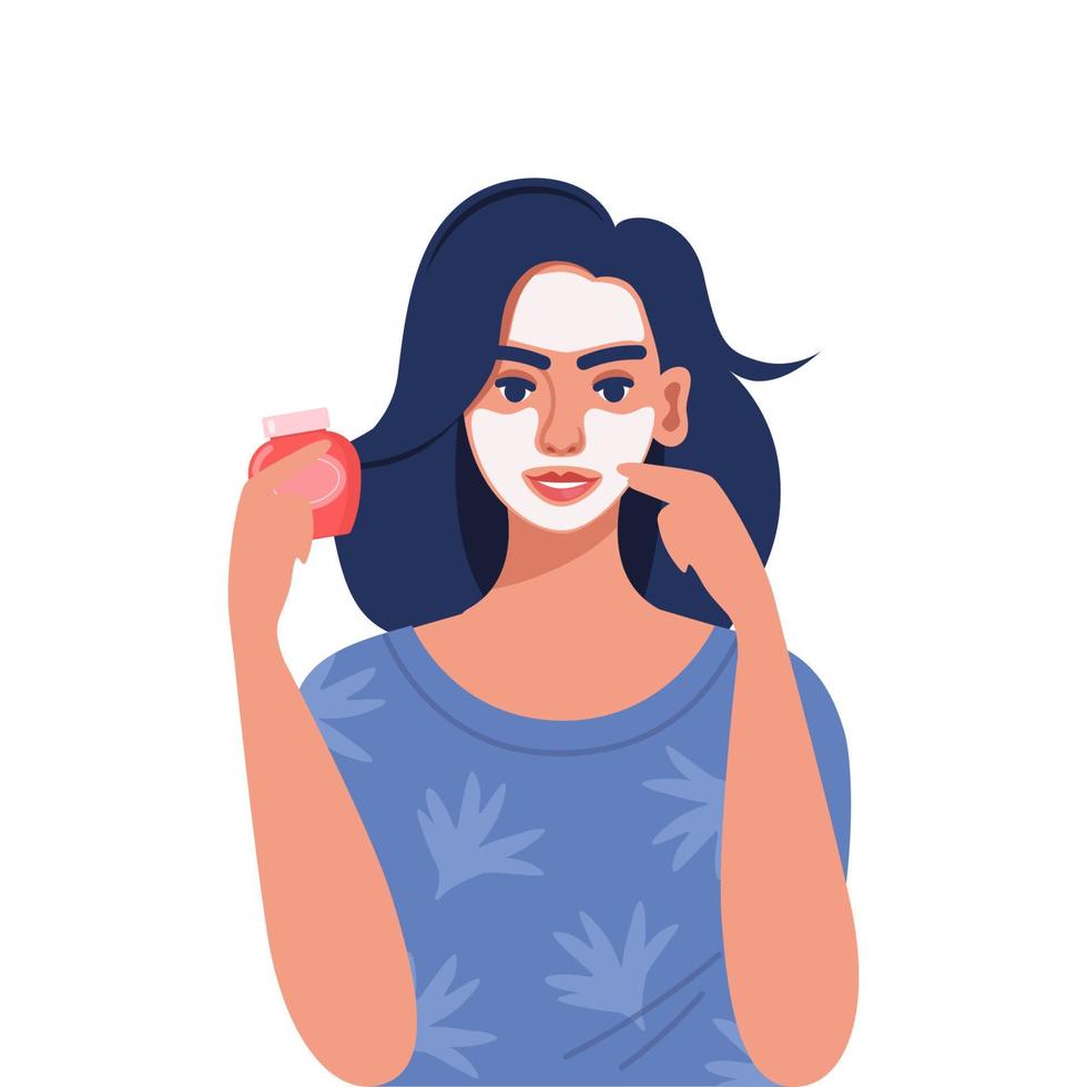 Young woman makes cosmetic procedures. Face mask, skincare, treatment, relaxation. Skin care concept. Vector illustration.