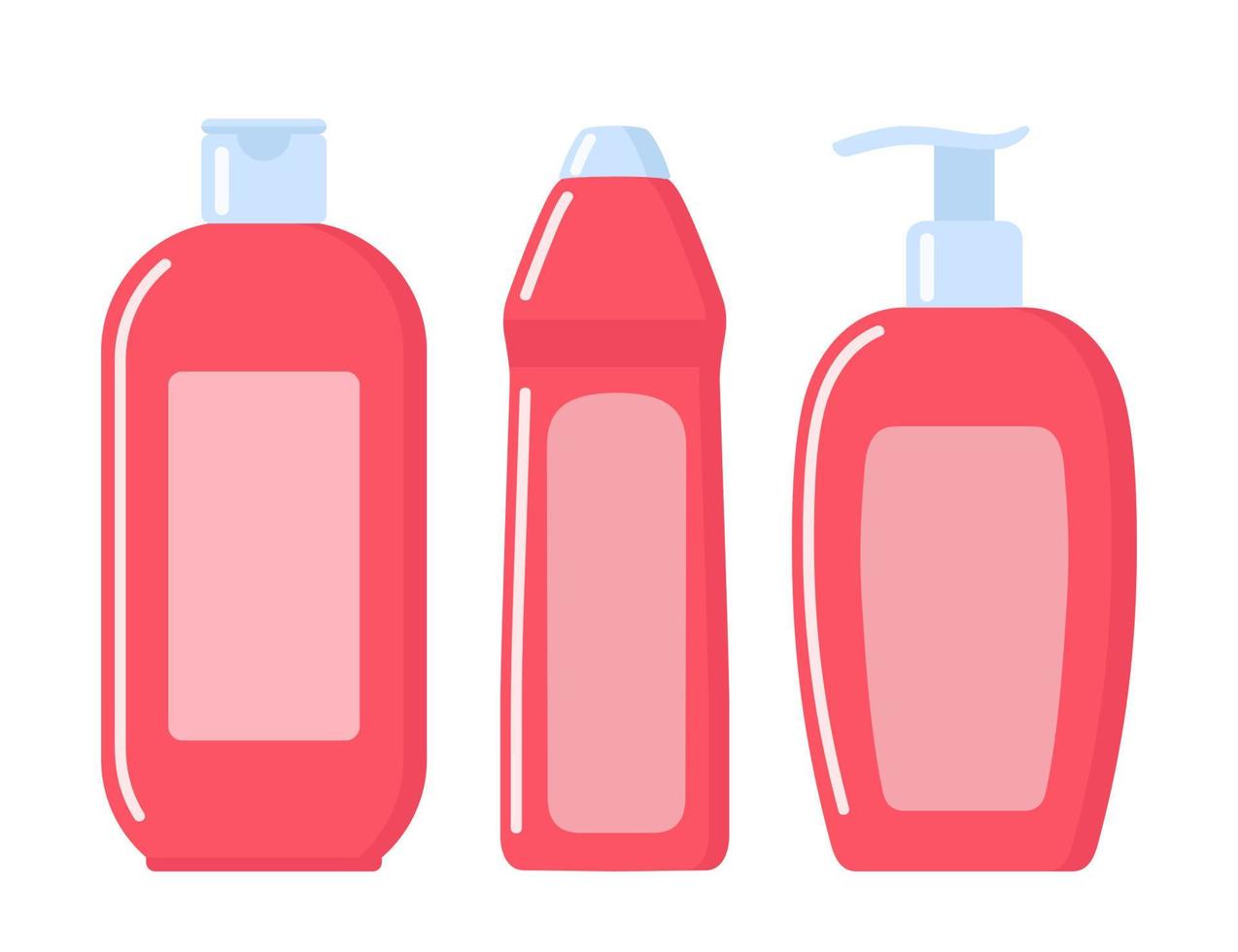 Set of pink cosmetic bottles in flat style. Soap, shampoo, lotion pink bottles. Vector illustration.