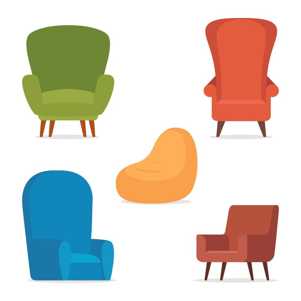 Comfortable retro and modern armchairs. Collection of stylish cosy furniture. Set of trendy chairs, simple fashionable furniture elements. Vector illustration.